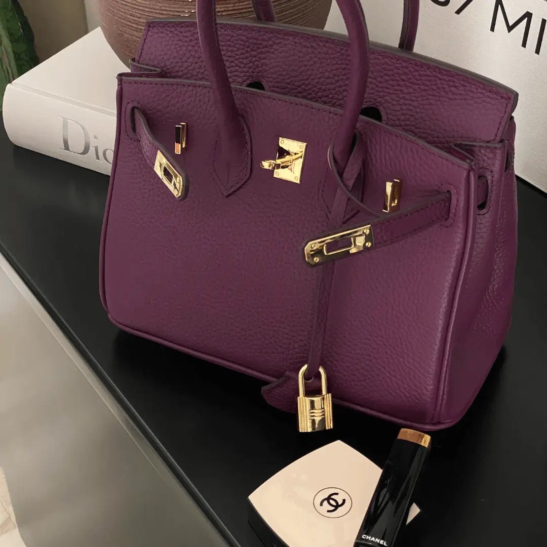 Genuine Leather Twist Lock Multi Pocket Handbag with Gold Hardware for Women