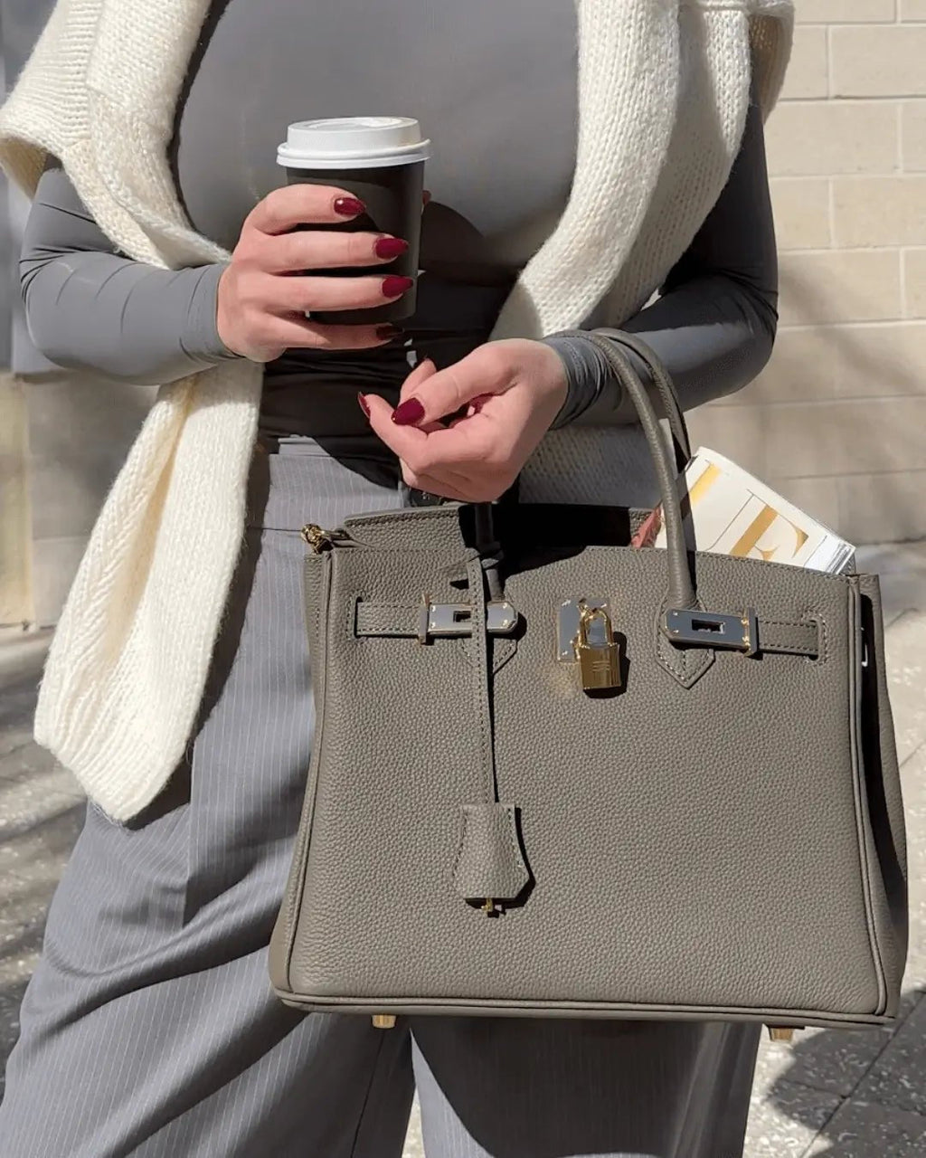 Genuine Leather Twist Lock Multi Pocket Handbag with Gold Hardware for Women
