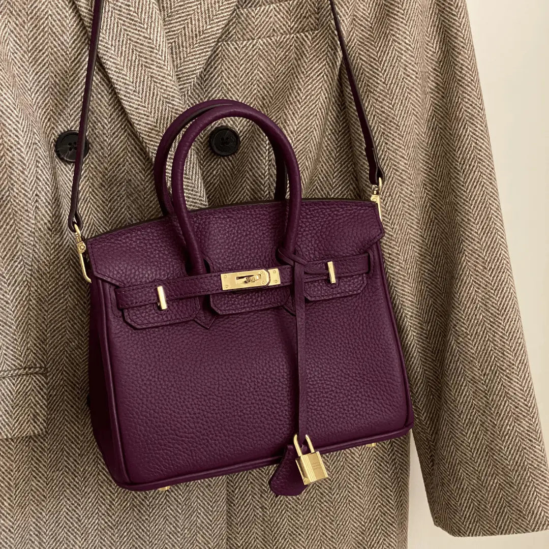 Genuine Leather Twist Lock Multi Pocket Handbag with Gold Hardware for Women