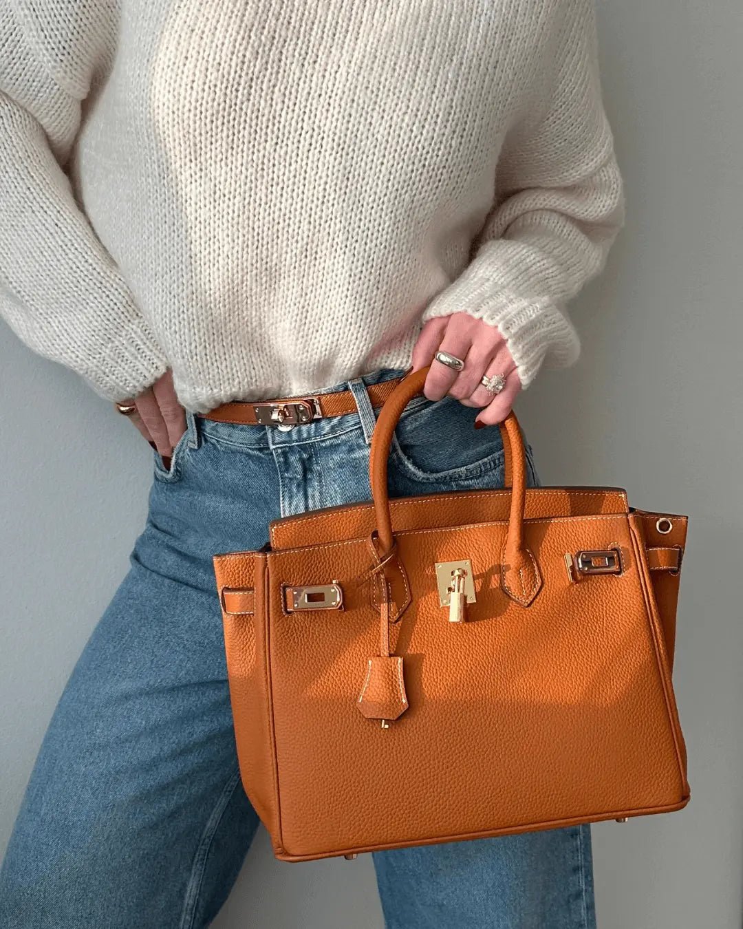 Genuine Leather Twist Lock Multi Pocket Handbag with Gold Hardware for Women