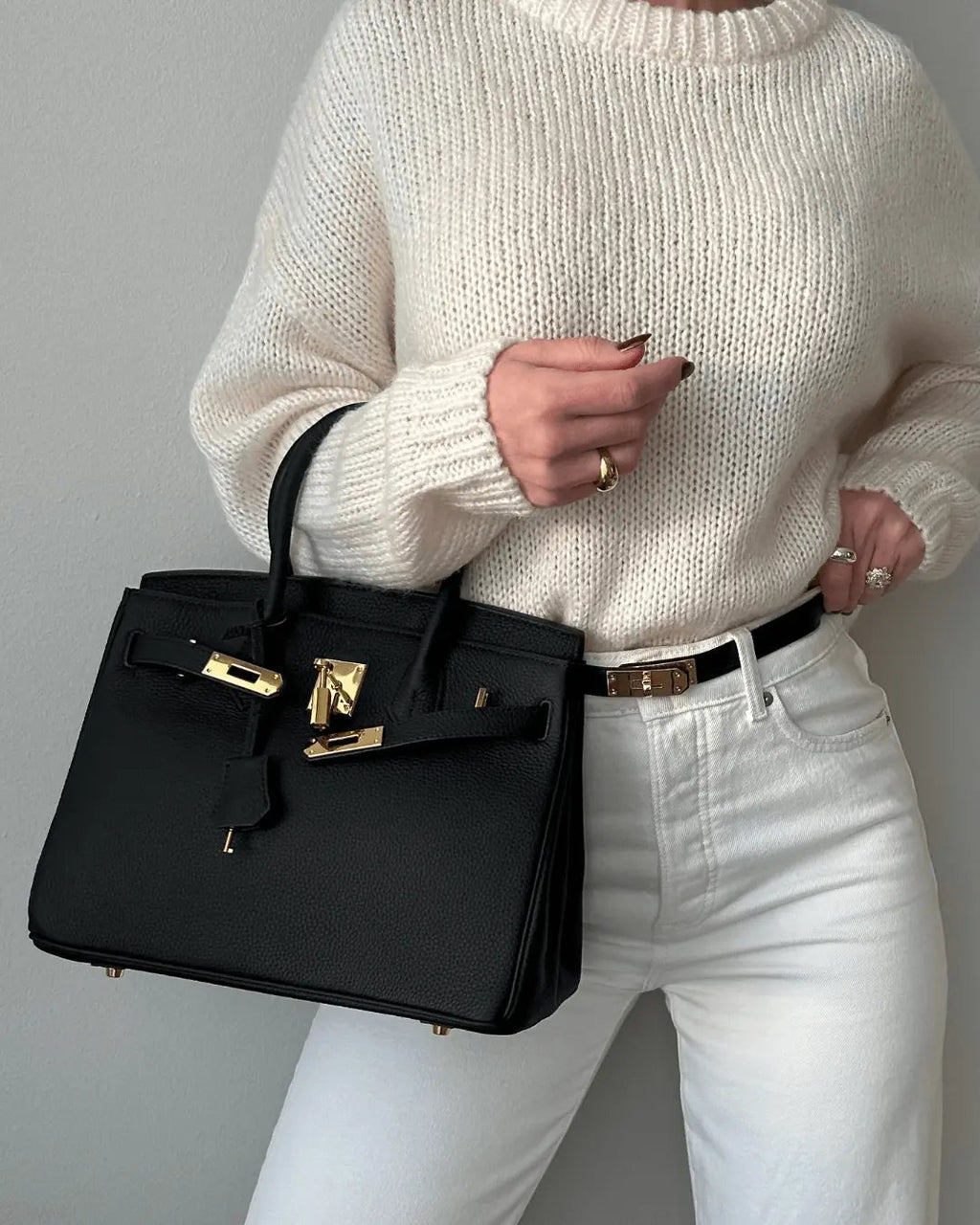 Genuine Leather Twist Lock Multi Pocket Handbag with Gold Hardware for Women