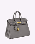 Genuine Leather Twist Lock Multi Pocket Handbag with Gold Hardware for Women