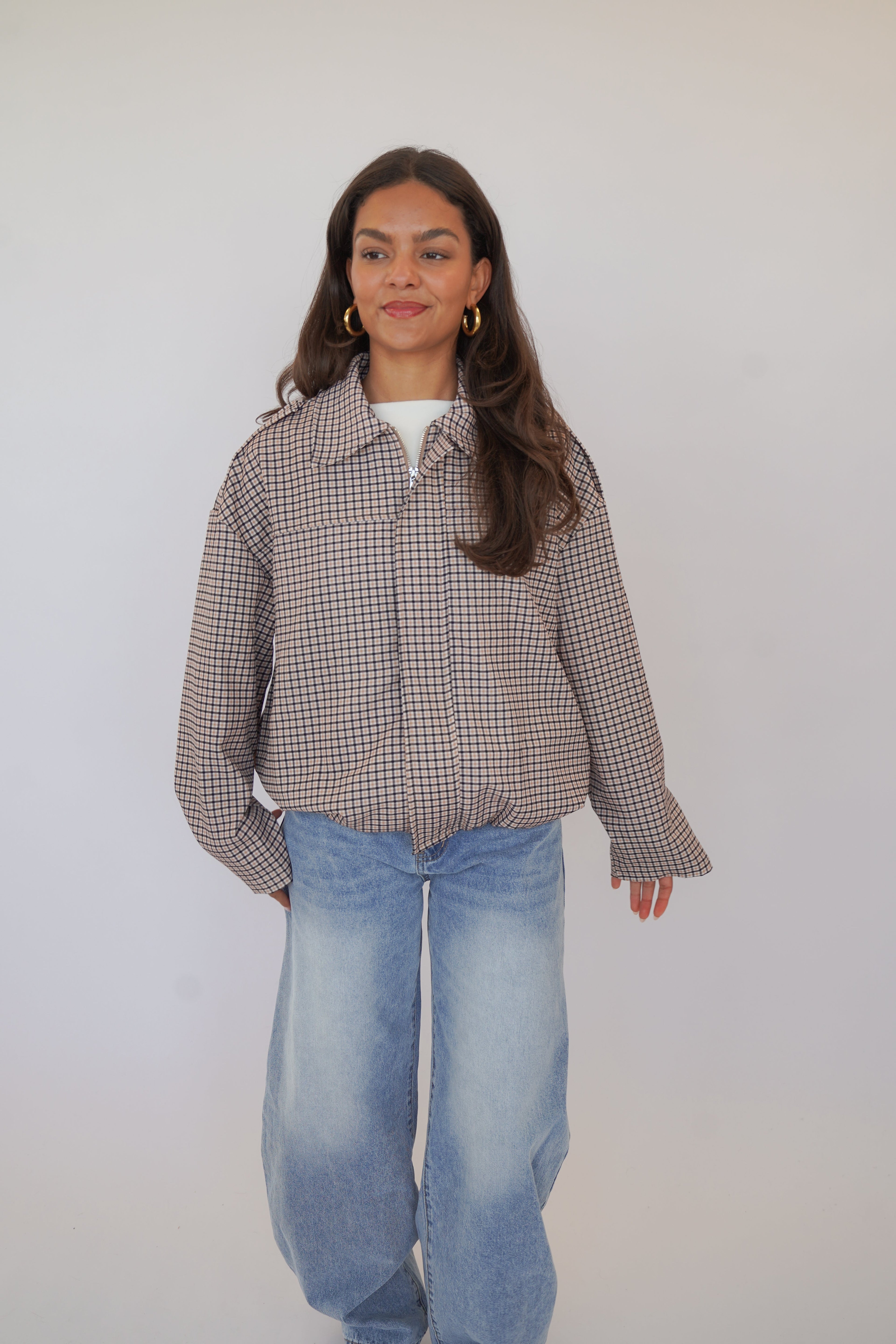 Brown Check Round Neck Zip Jacket for Women