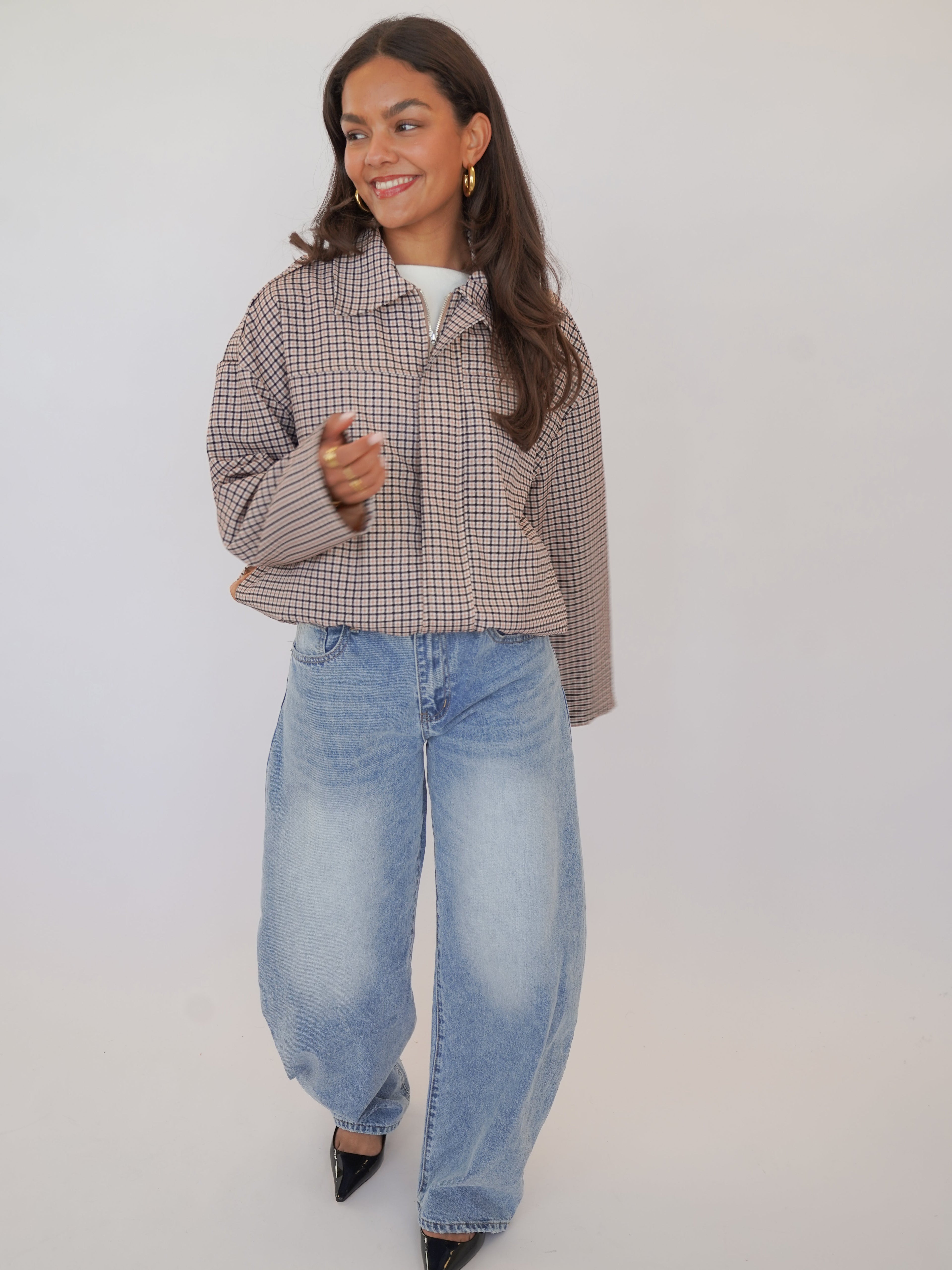 Brown Check Round Neck Zip Jacket for Women