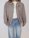 Brown Check Round Neck Zip Jacket for Women