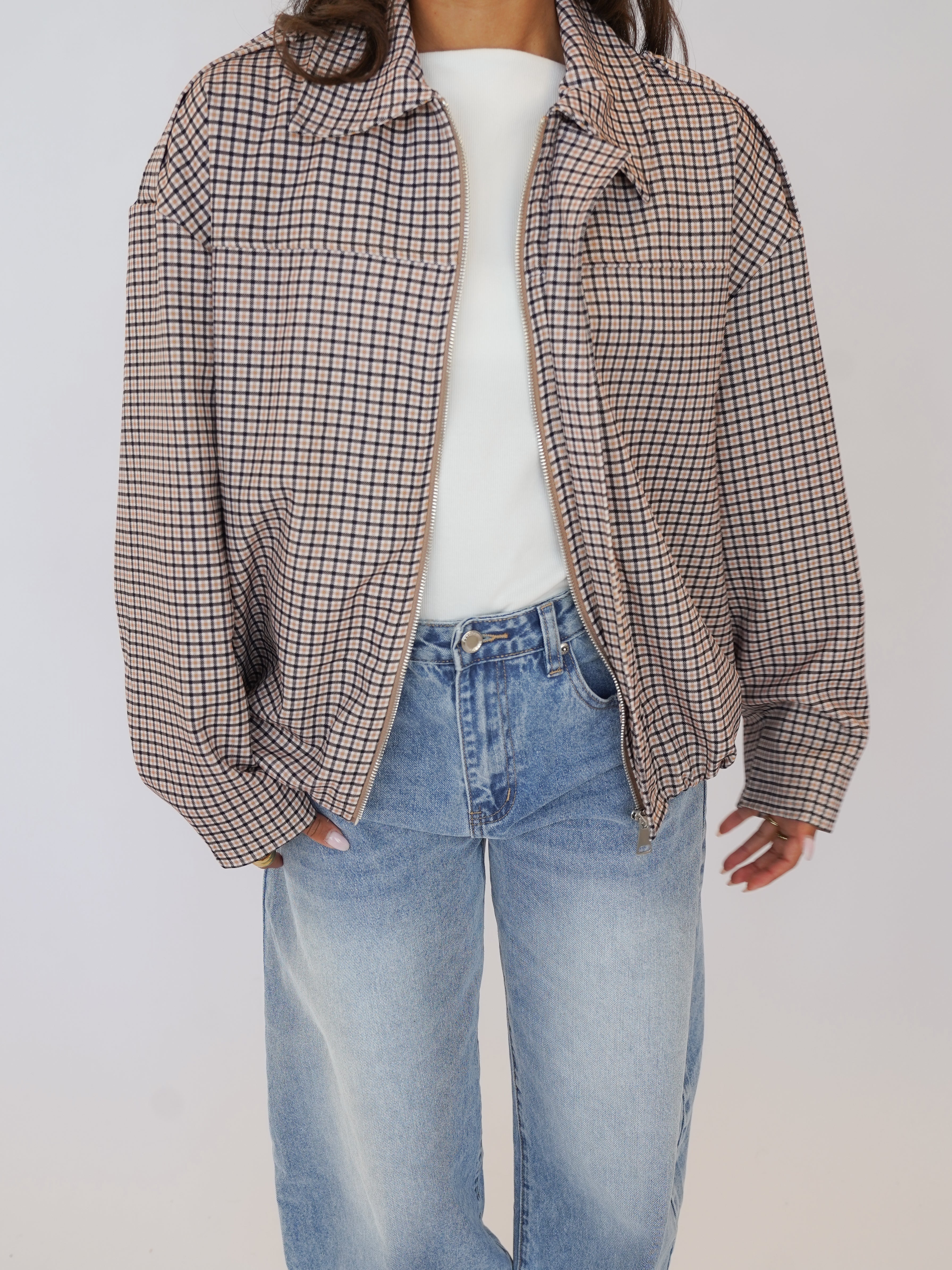 Brown Check Round Neck Zip Jacket for Women