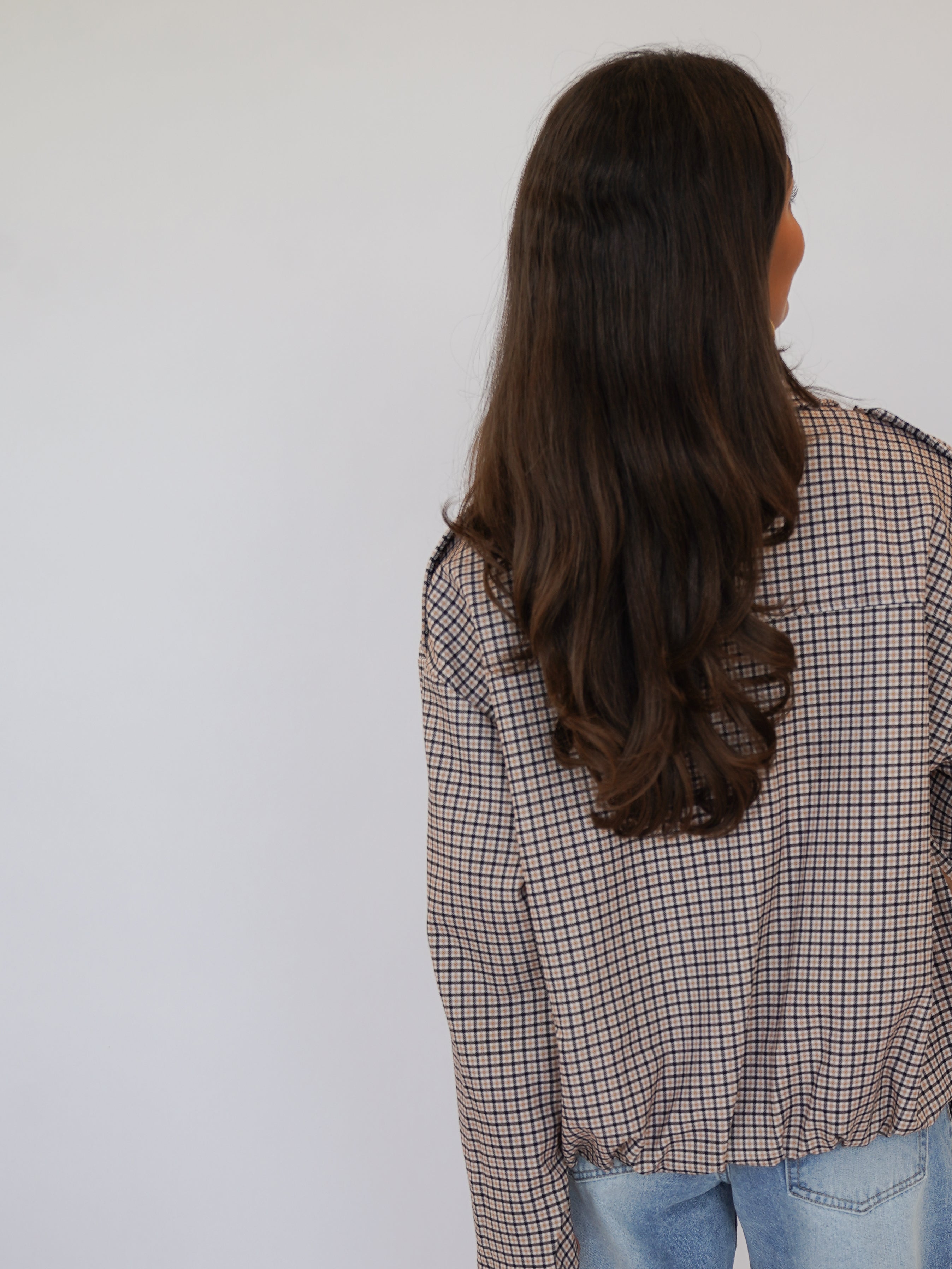 Brown Check Round Neck Zip Jacket for Women