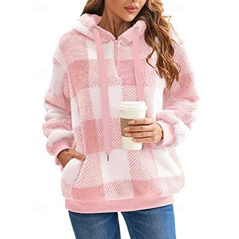 Checkered Quarter Zip Pullover Hoodie with Front Pocket for Women | Relaxed Fit
