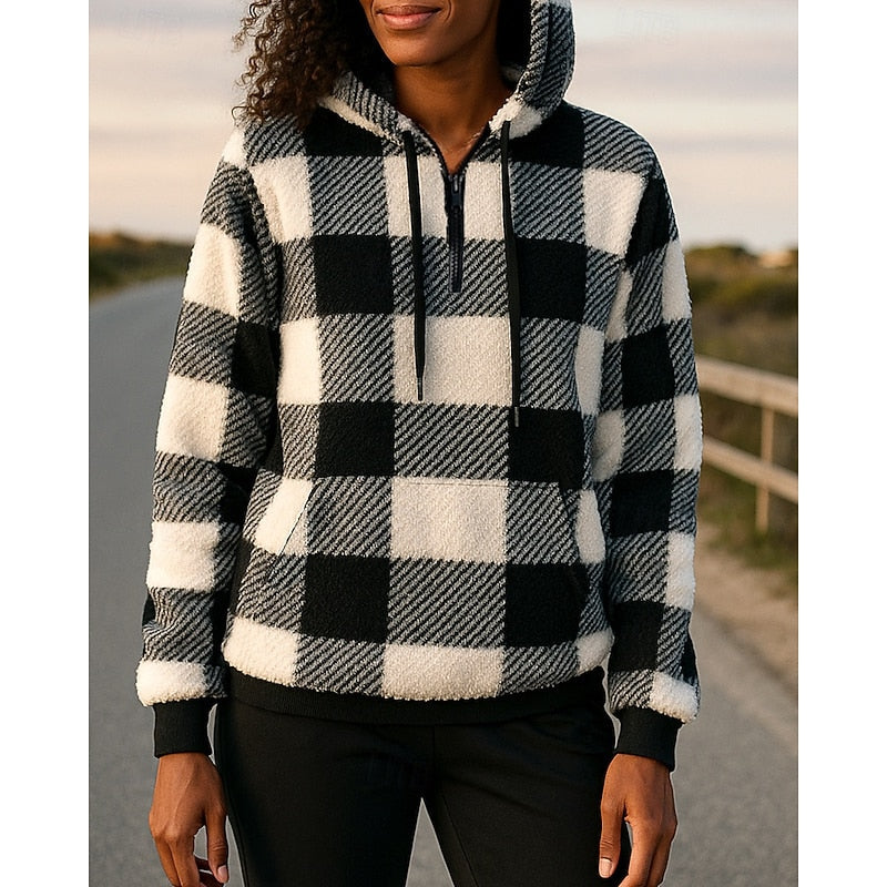 Checkered Quarter Zip Pullover Hoodie with Front Pocket for Women | Relaxed Fit