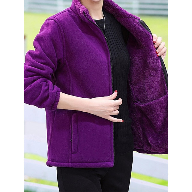 Plush Lined Loose Fit Stand Collar Full Zip Jacket with Pockets for Women