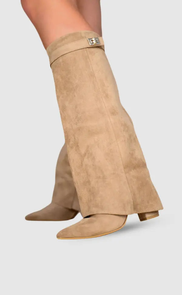 Tall Leather Suede Heeled Boots with Slim Shaft in Black or Taupe for Women