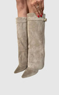 Tall Leather Suede Heeled Boots with Slim Shaft in Black or Taupe for Women