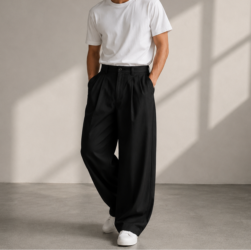 Pleated Wide Leg Full Length Casual Pants with Defined Waistband for Men
