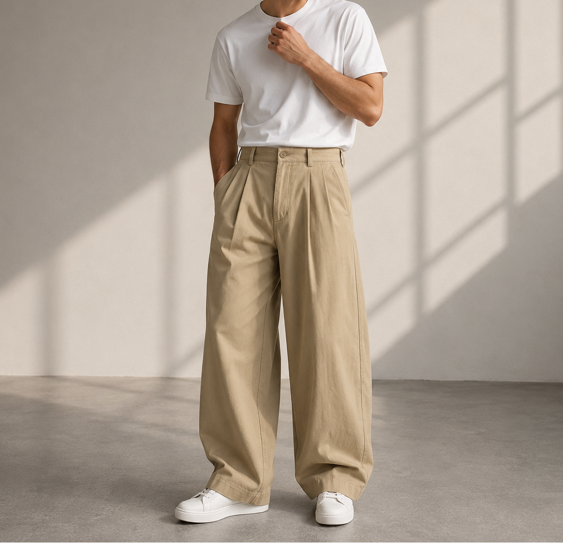 Pleated Wide Leg Full Length Casual Pants with Defined Waistband for Men