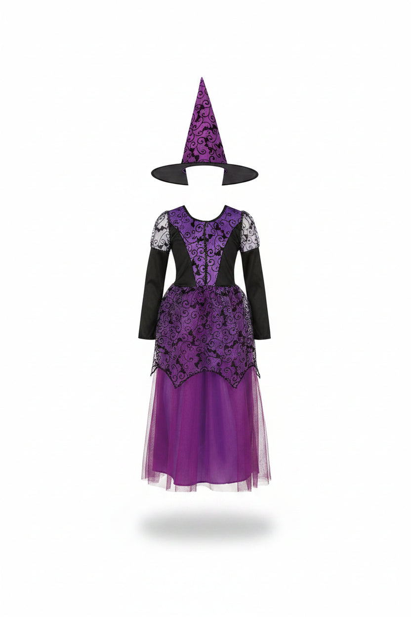 Purple Bat Motif Witch Dress and Pointed Hat Costume for Girls | Halloween