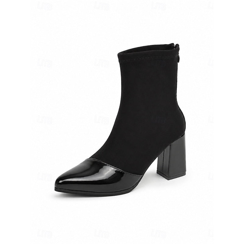 Stretch Shaft Cap Toe Chunky Block Heel Ankle Boots for Women | Slip On Style