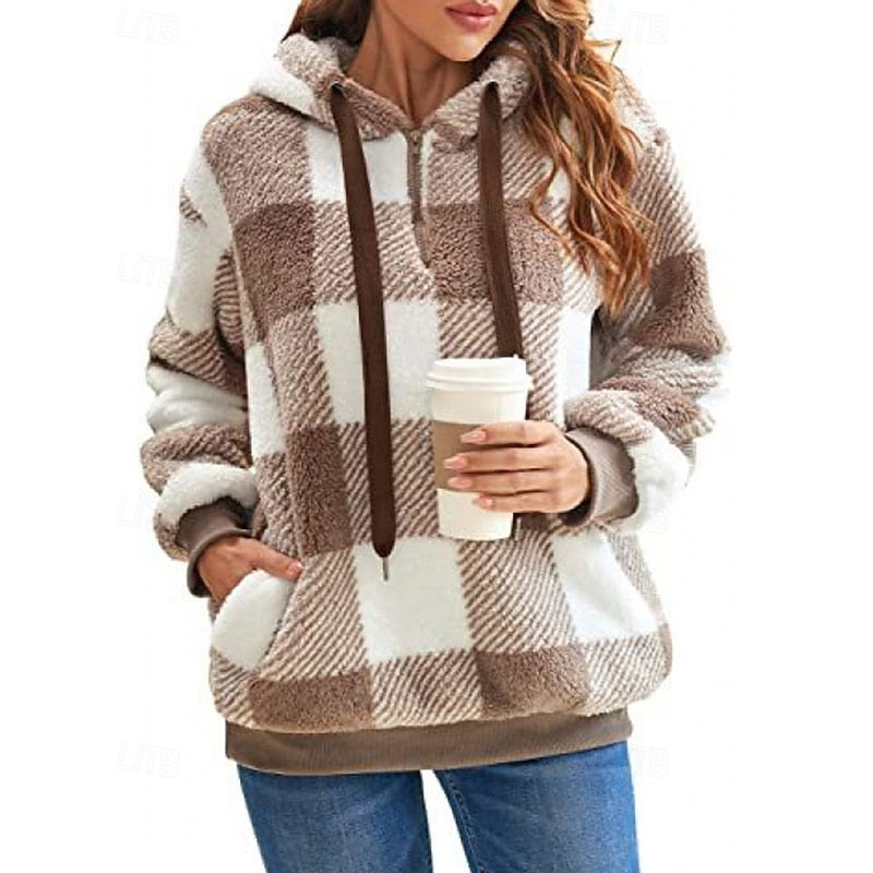 Checkered Quarter Zip Pullover Hoodie with Front Pocket for Women | Relaxed Fit