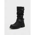 Mid Calf Vintage Buckle Biker Boots with Block Heel and Lug Sole for Women