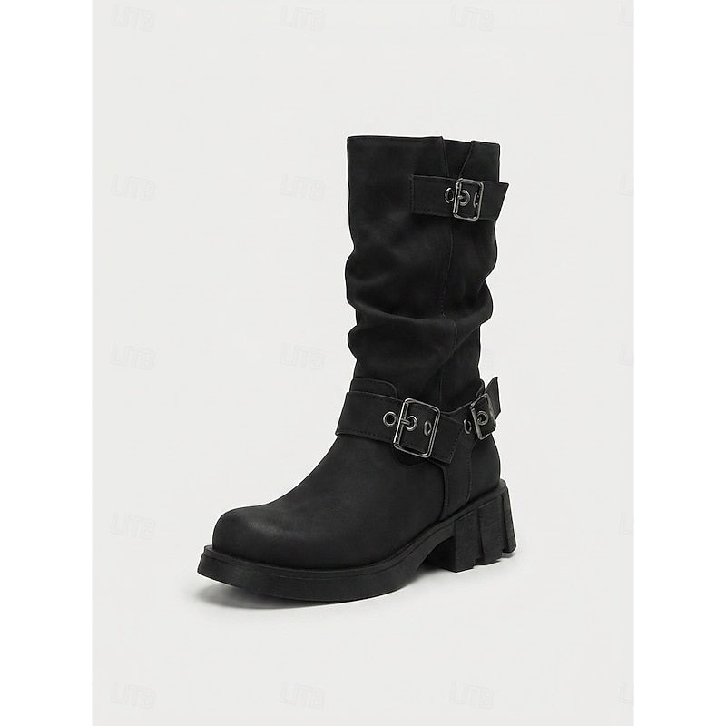Mid Calf Vintage Buckle Biker Boots with Block Heel and Lug Sole for Women