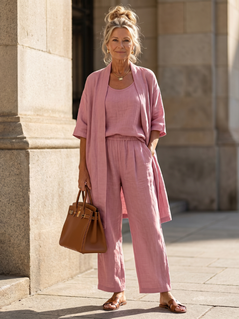 Linen 3-Piece Set for Women Sleeveless Top Wide Leg Trousers Cardigan