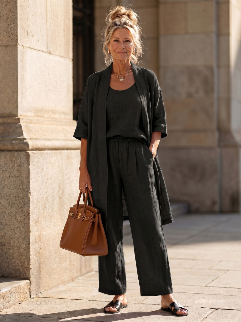 Linen 3-Piece Set for Women Sleeveless Top Wide Leg Trousers Cardigan
