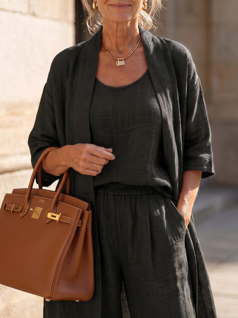 Linen 3-Piece Set for Women Sleeveless Top Wide Leg Trousers Cardigan