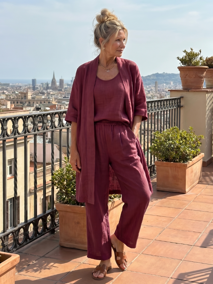 Linen 3-Piece Set for Women Sleeveless Top Wide Leg Trousers Cardigan