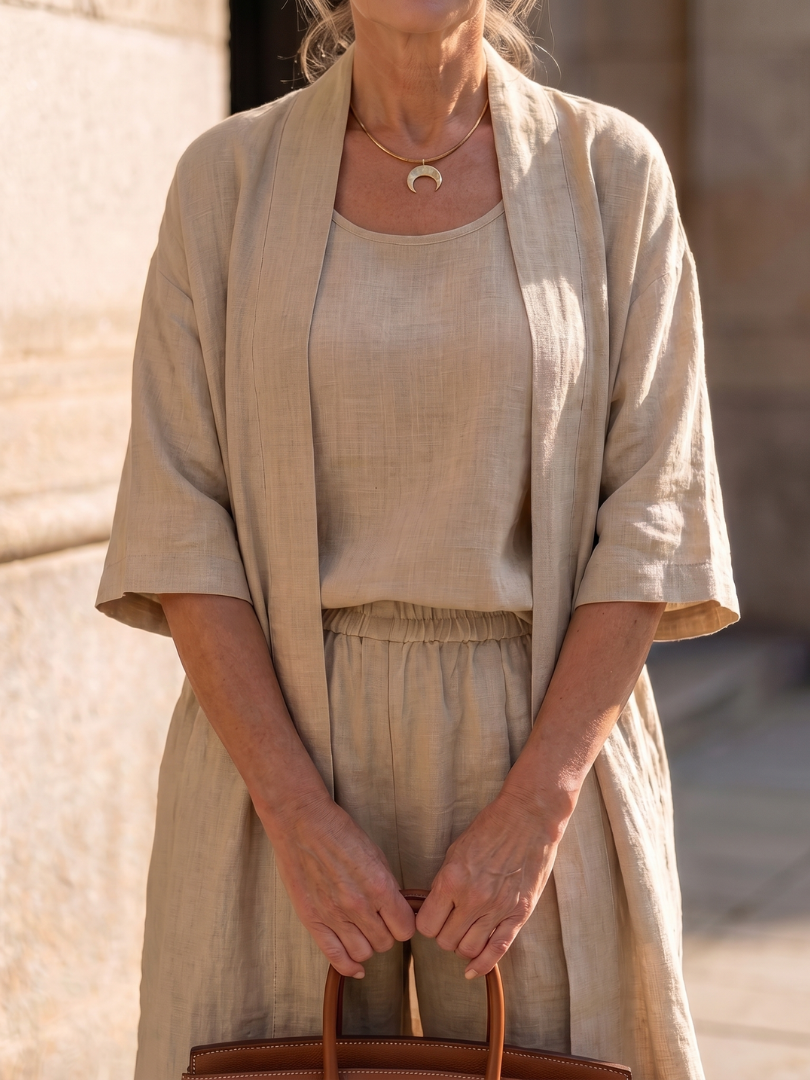 Linen 3-Piece Set for Women Sleeveless Top Wide Leg Trousers Cardigan