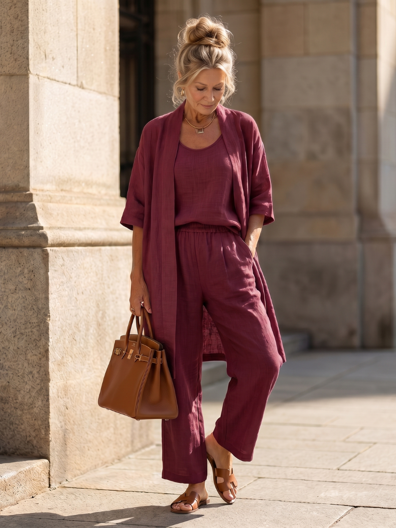 Linen 3-Piece Set for Women Sleeveless Top Wide Leg Trousers Cardigan