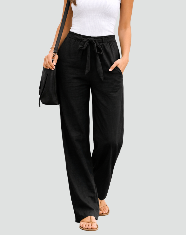 Linen Wide Leg Trousers for Women with Drawstring Waist