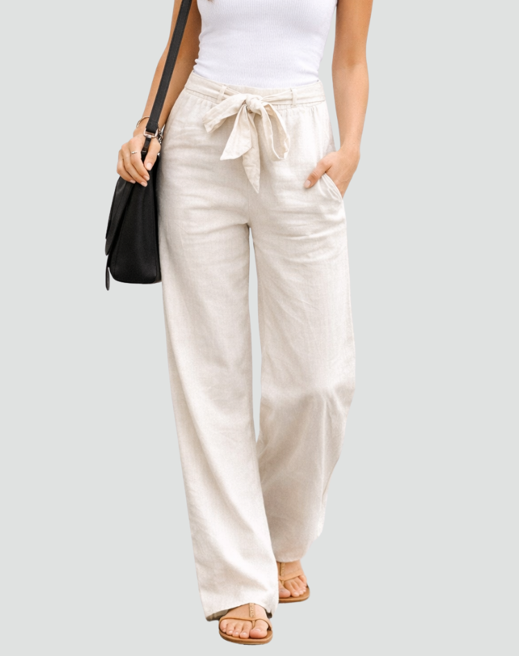 Linen Wide Leg Trousers for Women with Drawstring Waist
