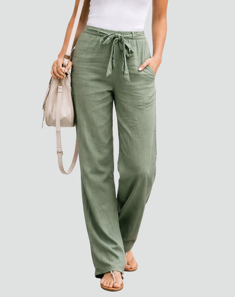 Linen Wide Leg Trousers for Women with Drawstring Waist