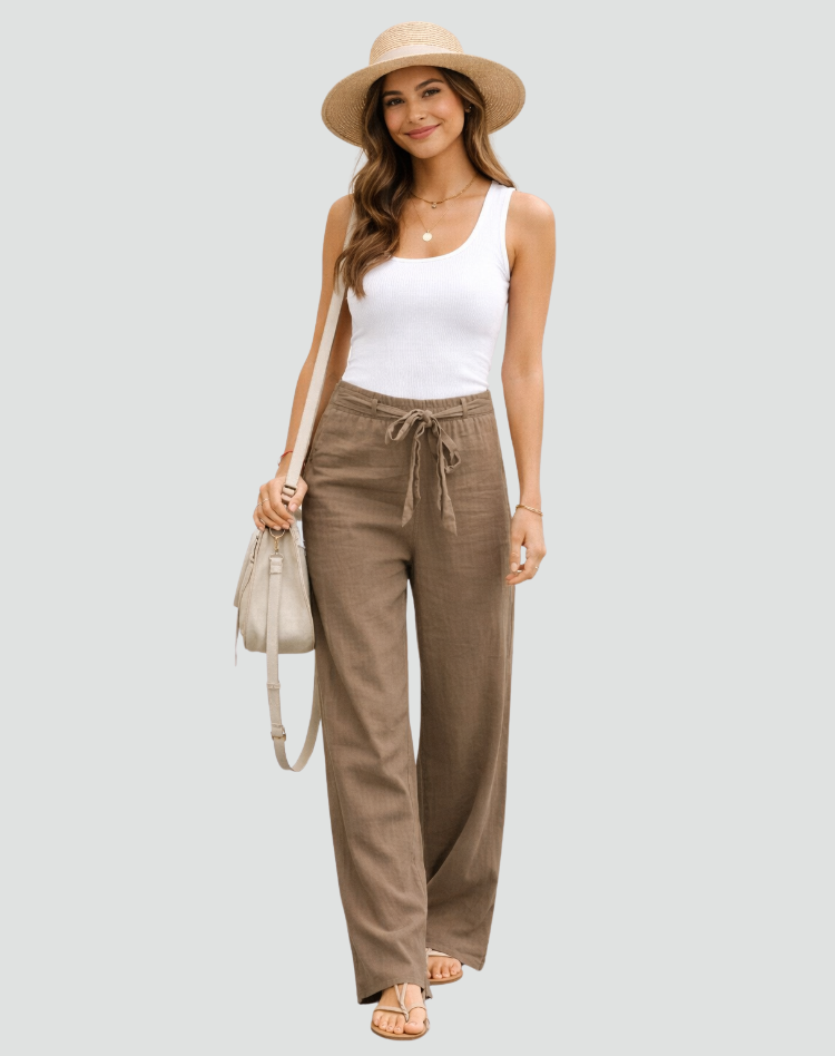 Linen Wide Leg Trousers for Women with Drawstring Waist