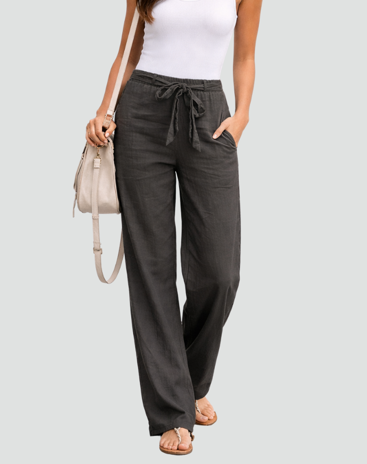 Linen Wide Leg Trousers for Women with Drawstring Waist