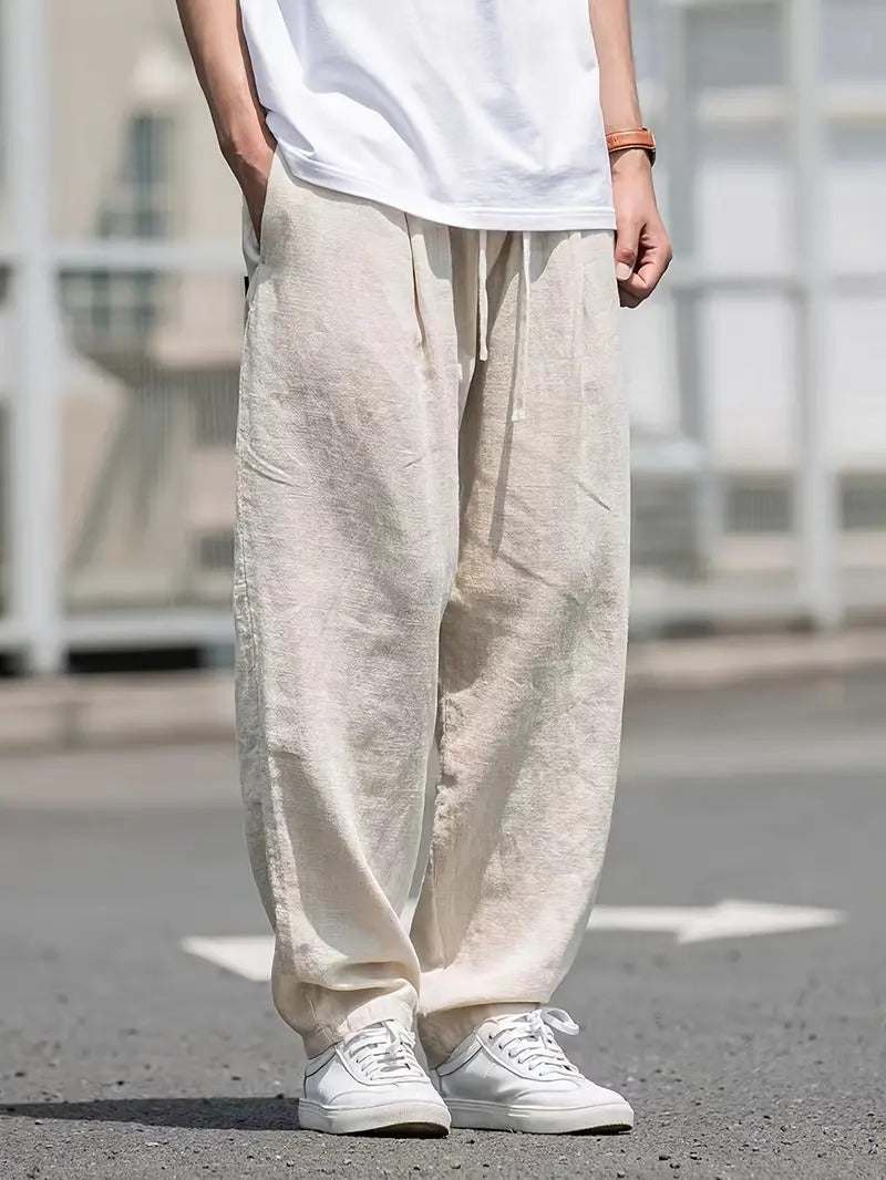 Linen Wide Leg Trousers for Men with Elastic Waist and Pockets