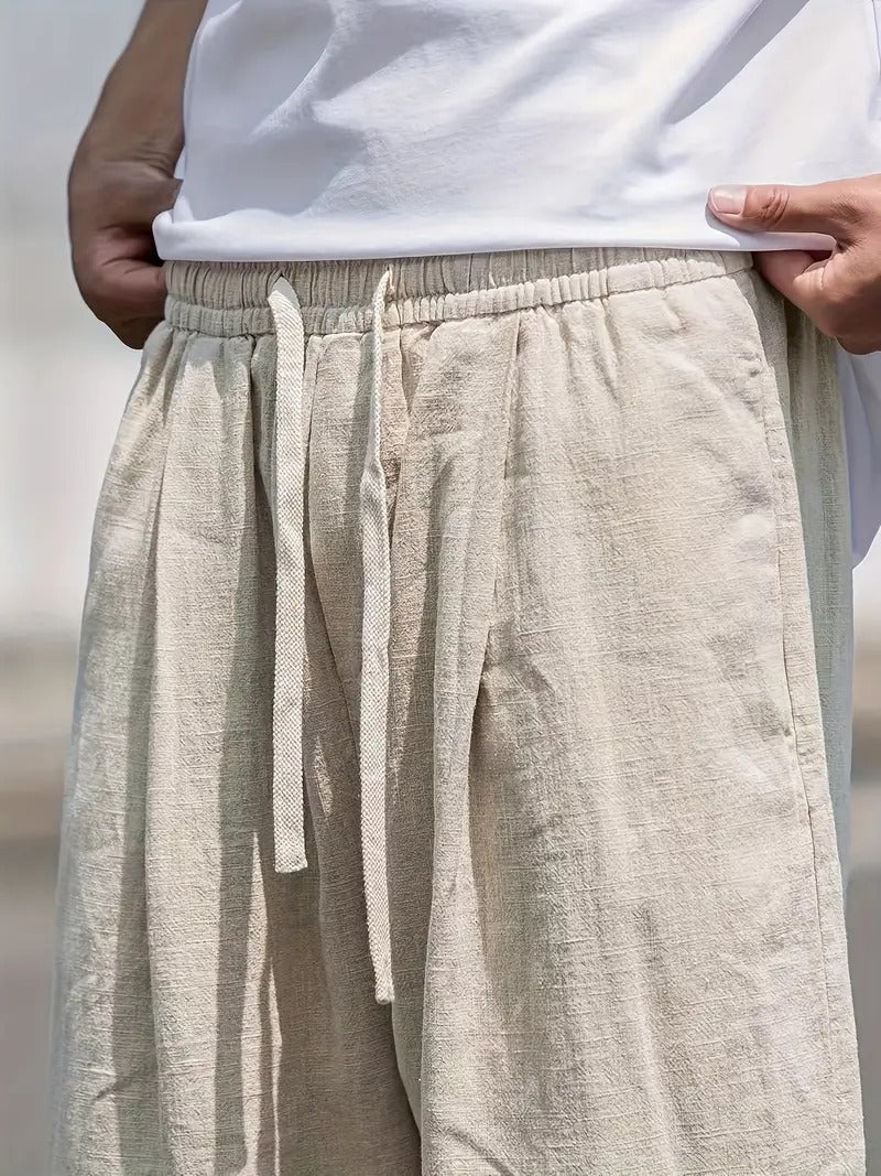 Linen Wide Leg Trousers for Men with Elastic Waist and Pockets