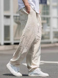 Linen Wide Leg Trousers for Men with Elastic Waist and Pockets