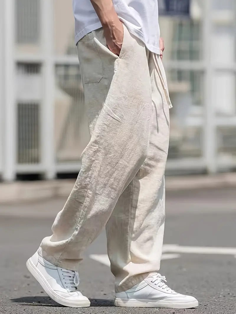 Linen Wide Leg Trousers for Men with Elastic Waist and Pockets