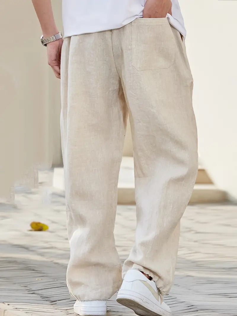Linen Wide Leg Trousers for Men with Elastic Waist and Pockets