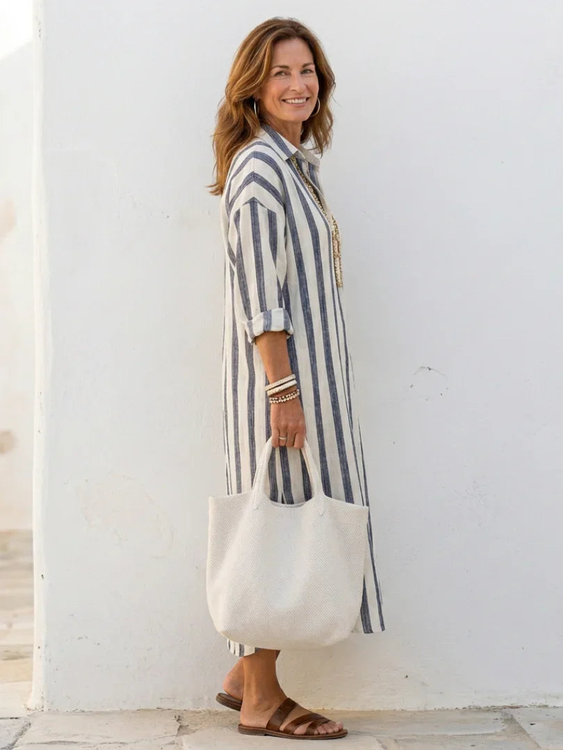 Linen Striped Maxi Dress for Women Relaxed Fit Collared Button Front