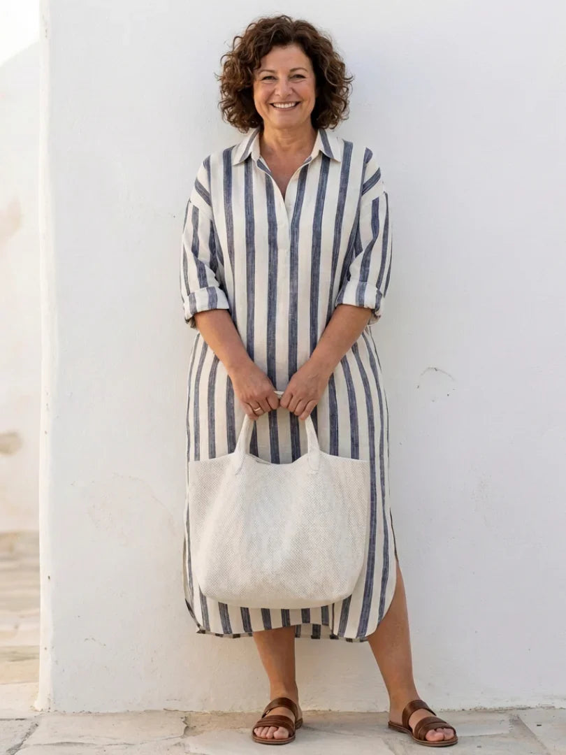 Linen Striped Maxi Dress for Women Relaxed Fit Collared Button Front