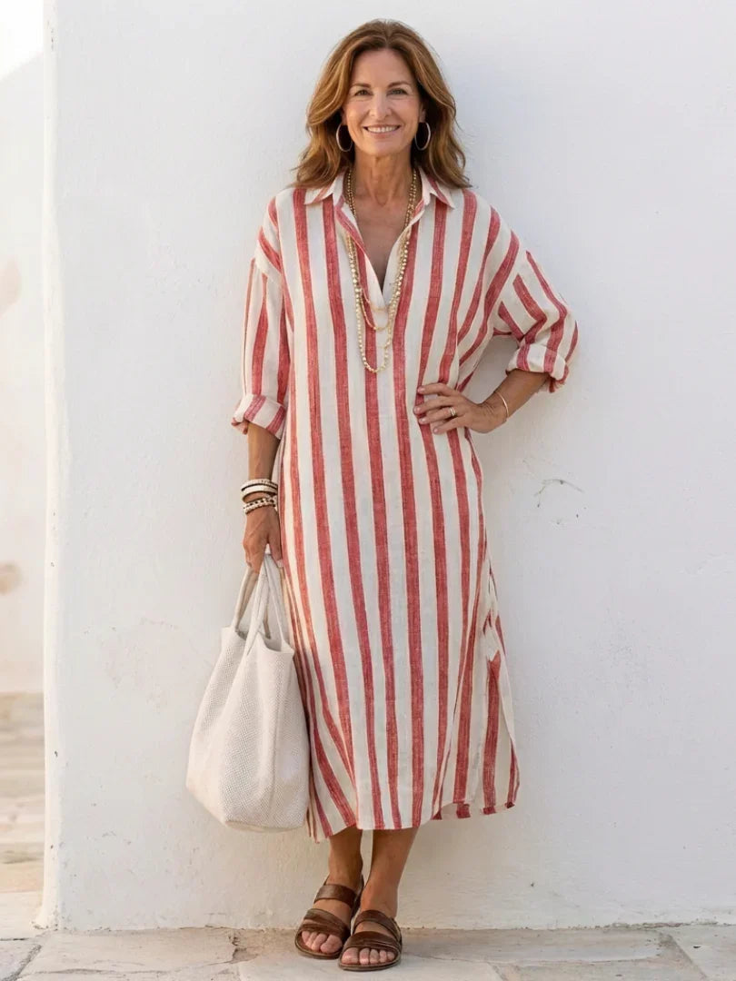 Linen Striped Maxi Dress for Women Relaxed Fit Collared Button Front