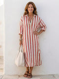 Linen Striped Maxi Dress for Women Relaxed Fit Collared Button Front