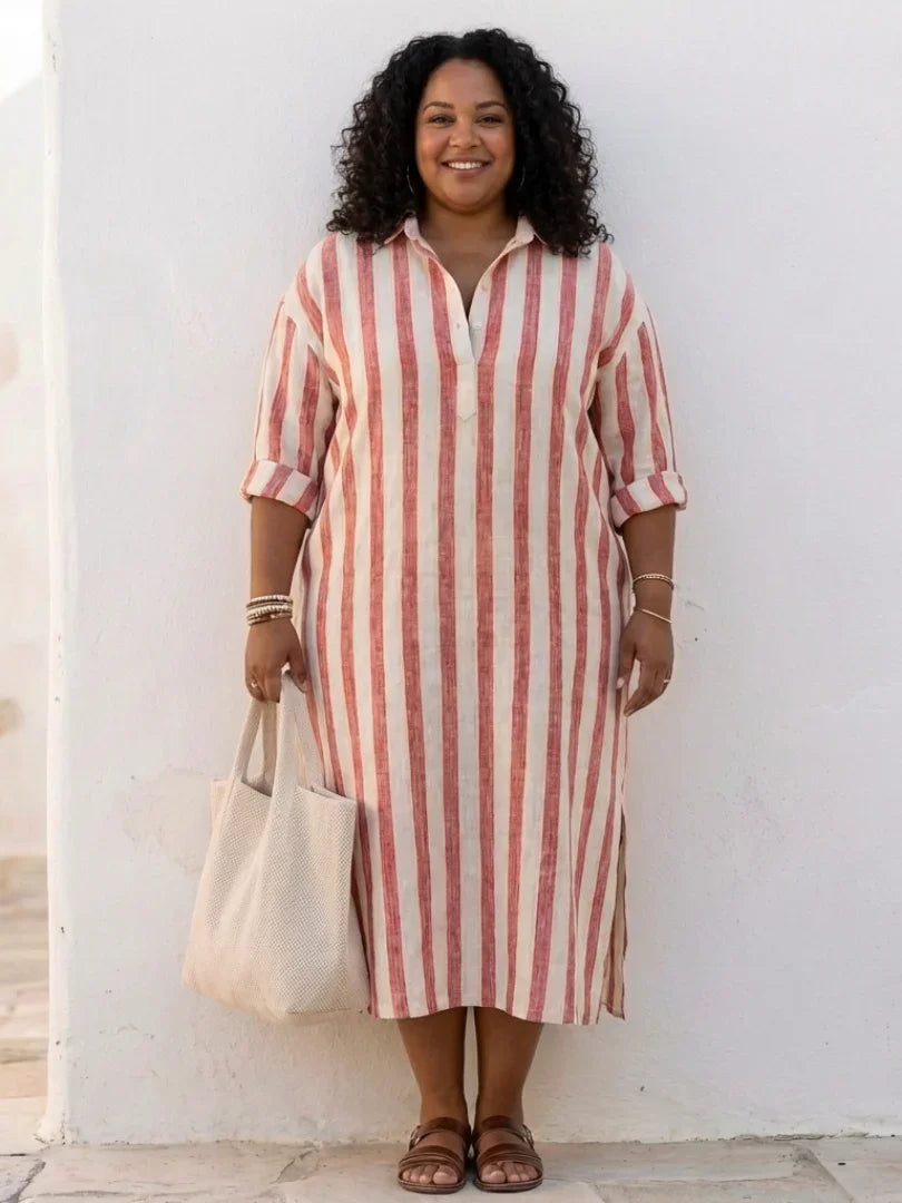 Linen Striped Maxi Dress for Women Relaxed Fit Collared Button Front