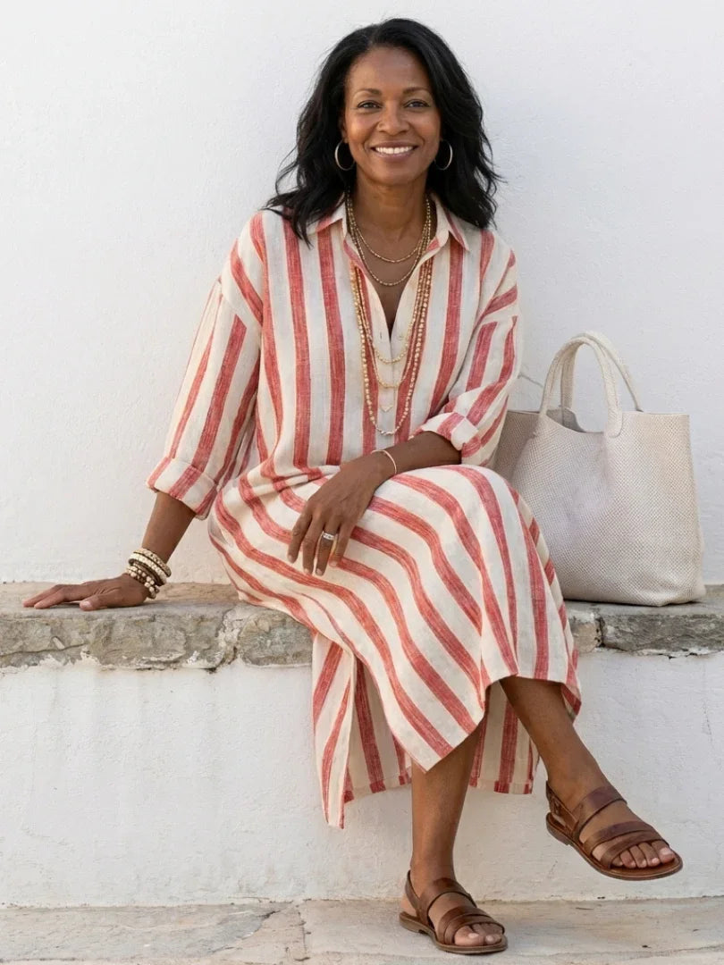 Linen Striped Maxi Dress for Women Relaxed Fit Collared Button Front