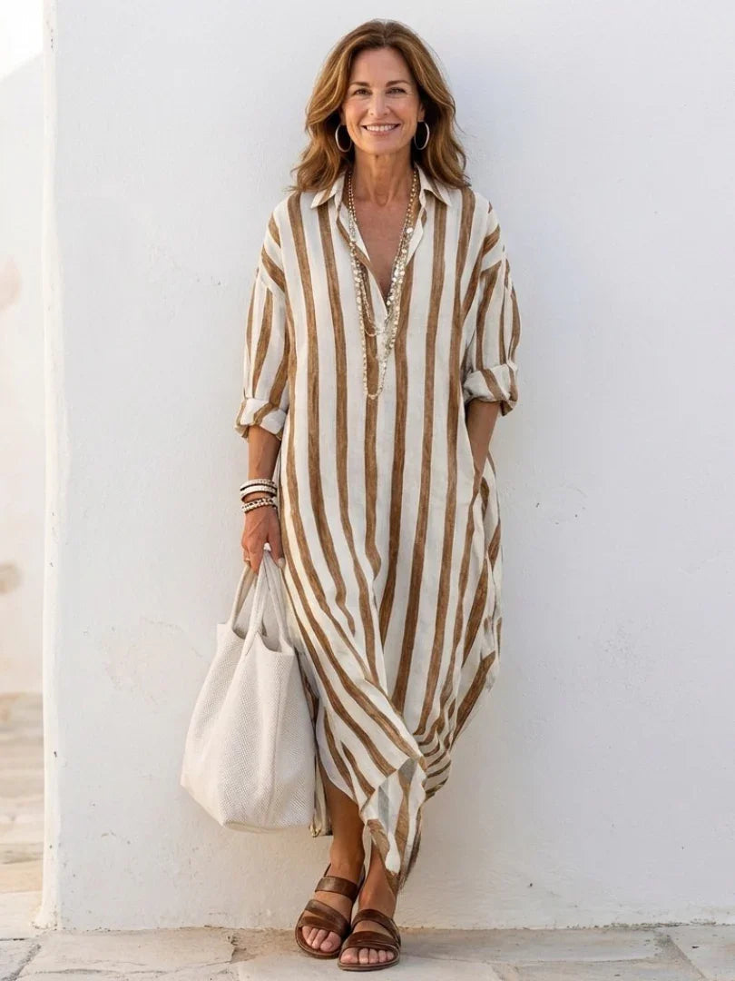 Linen Striped Maxi Dress for Women Relaxed Fit Collared Button Front