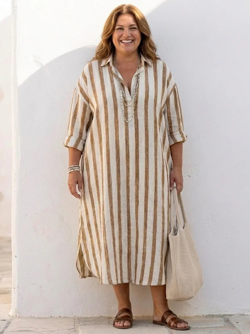Linen Striped Maxi Dress for Women Relaxed Fit Collared Button Front
