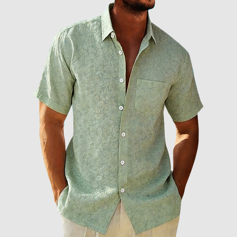 Green Linen Regular Fit Short Sleeve Shirt for Men | Chest Pocket