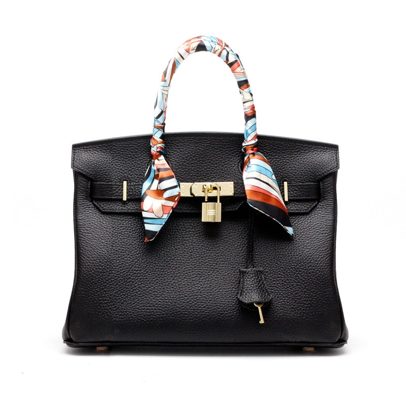Genuine Leather Twist Lock Multi Pocket Handbag with Gold Hardware for Women