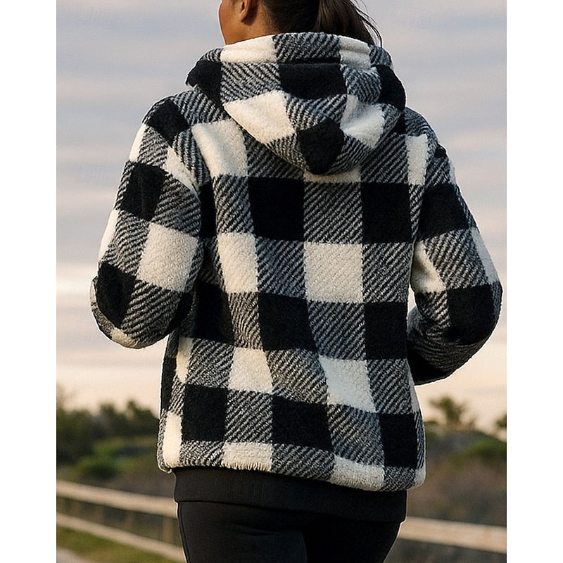 Checkered Quarter Zip Pullover Hoodie with Front Pocket for Women | Relaxed Fit